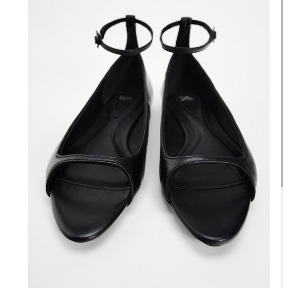 ZARA Flat Open Pointed Toe Black Leather Ballet Flats - Picture 3 of 11